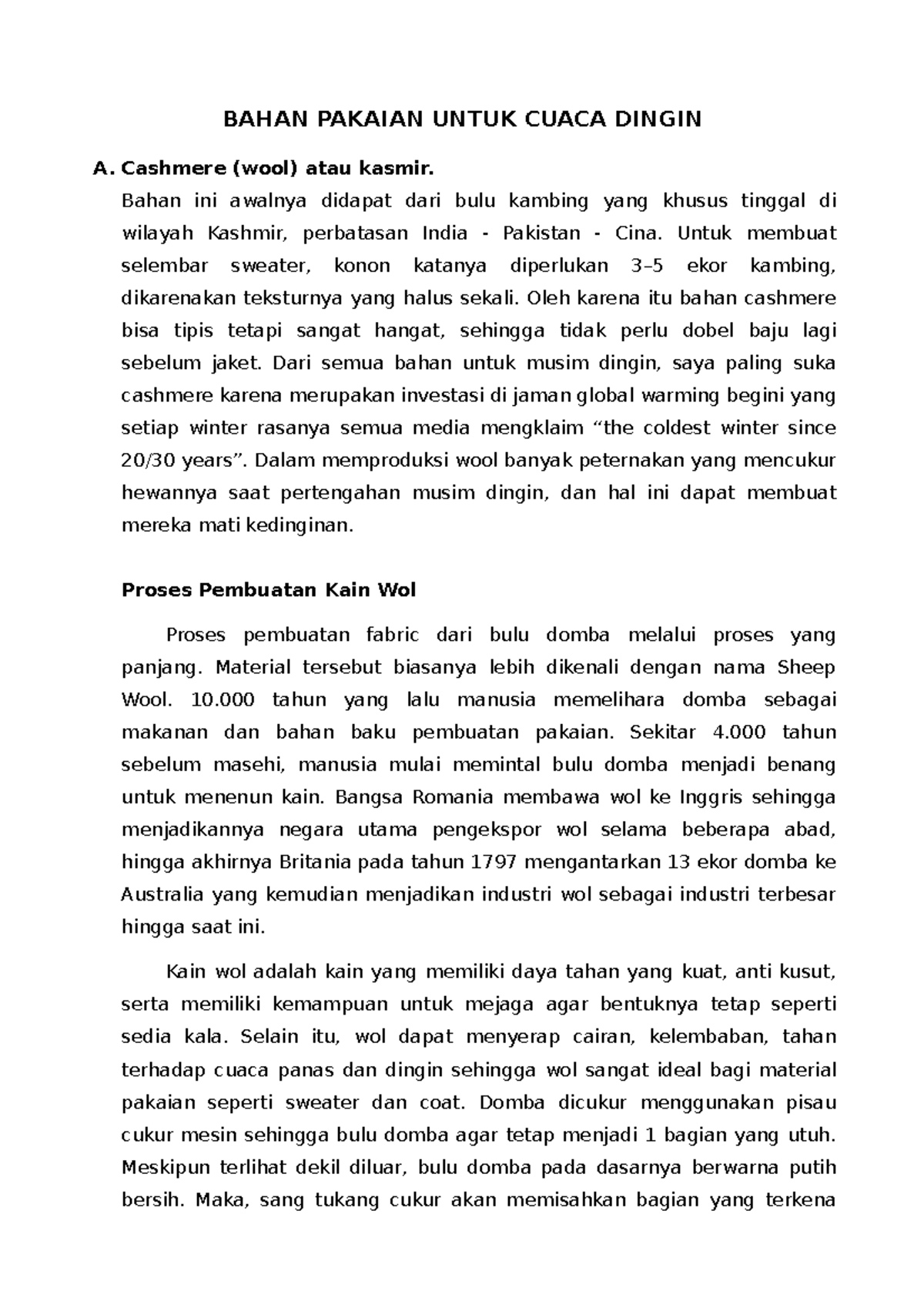Bahan Pakaian Untuk Cuaca Dingin - BAHAN PAKAIAN UNTUK CUACA DINGIN A
