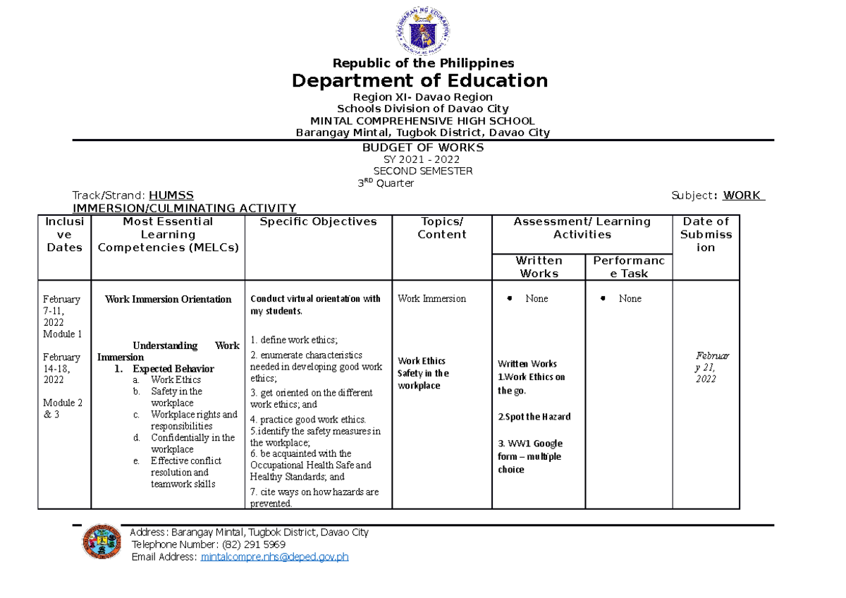 WI-Budget-of-Work 2022 - Department of Education Region XI- Davao ...