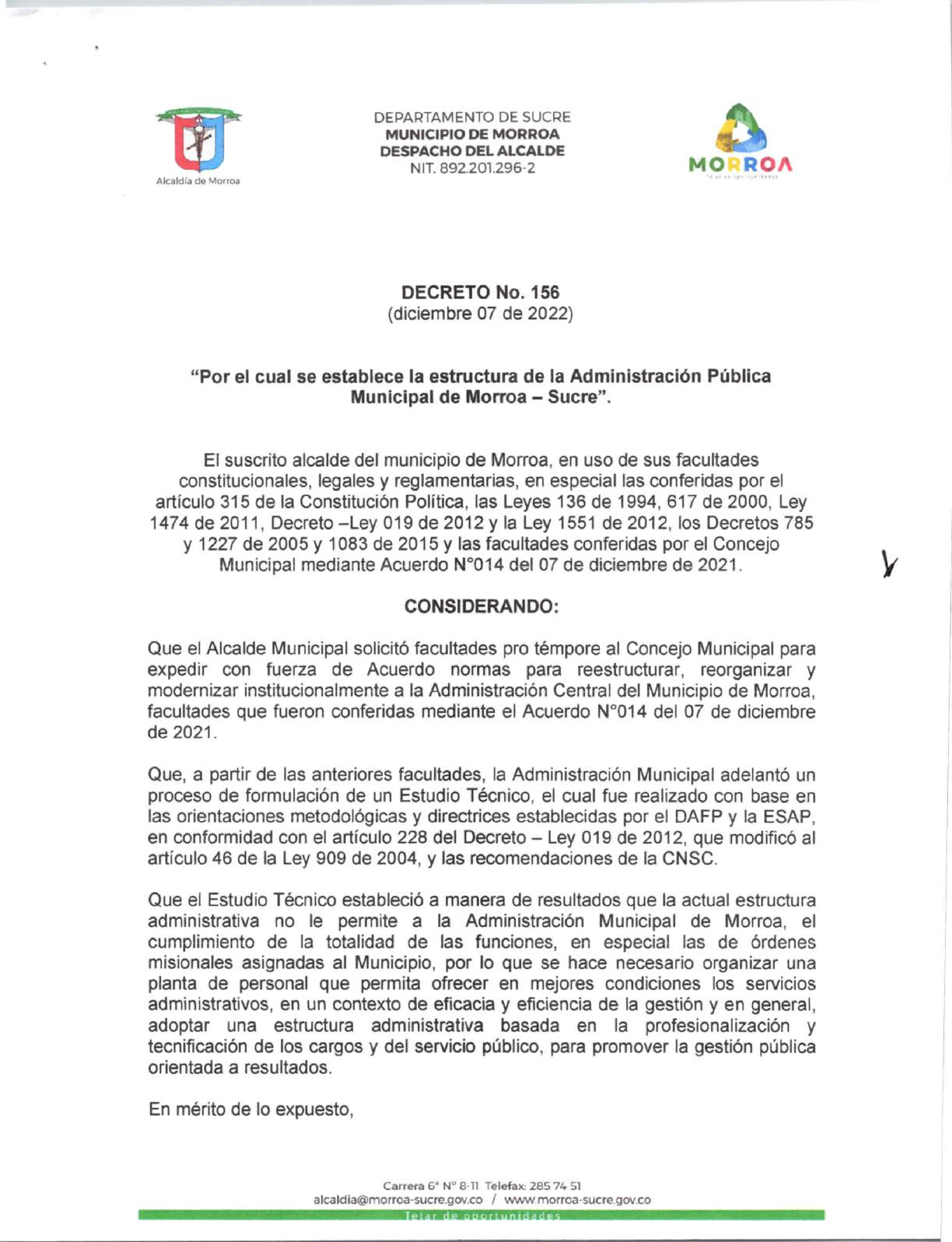 Decreto 156 2022 por el cual se establece la estructura de la ...