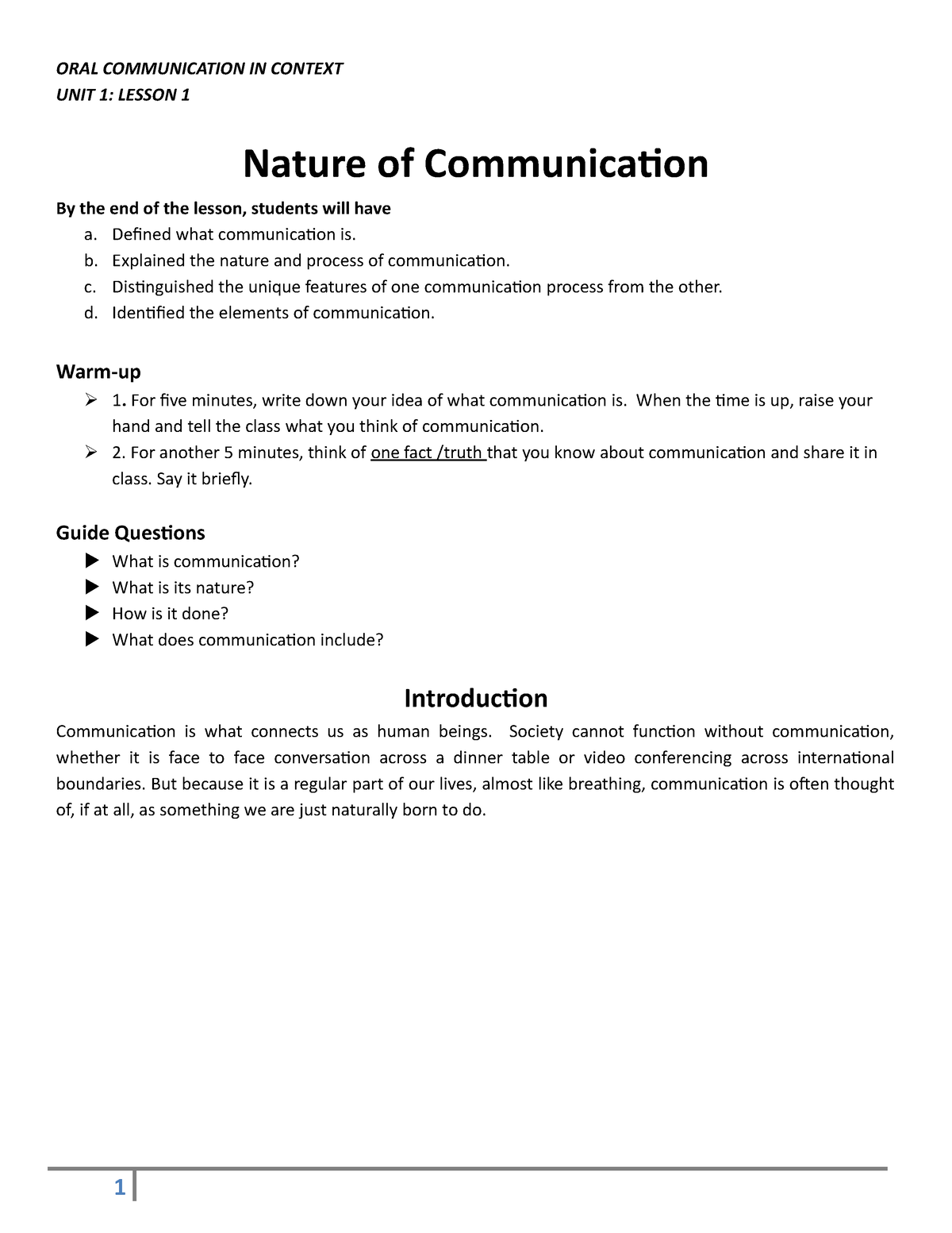 Module 1 Lessons 1 - Oral Communication - ORAL COMMUNICATION IN CONTEXT ...