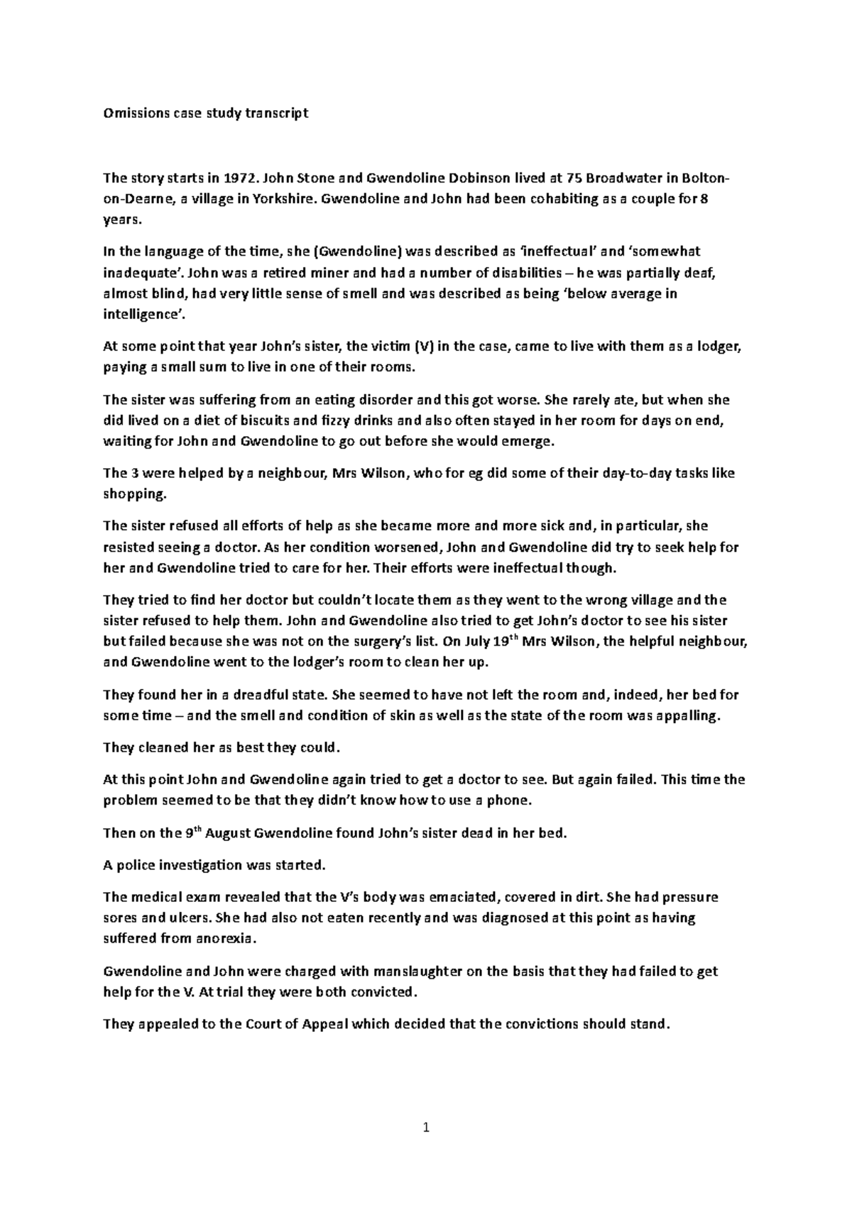 Omissions case study transcript - John Stone and Gwendoline Dobinson ...