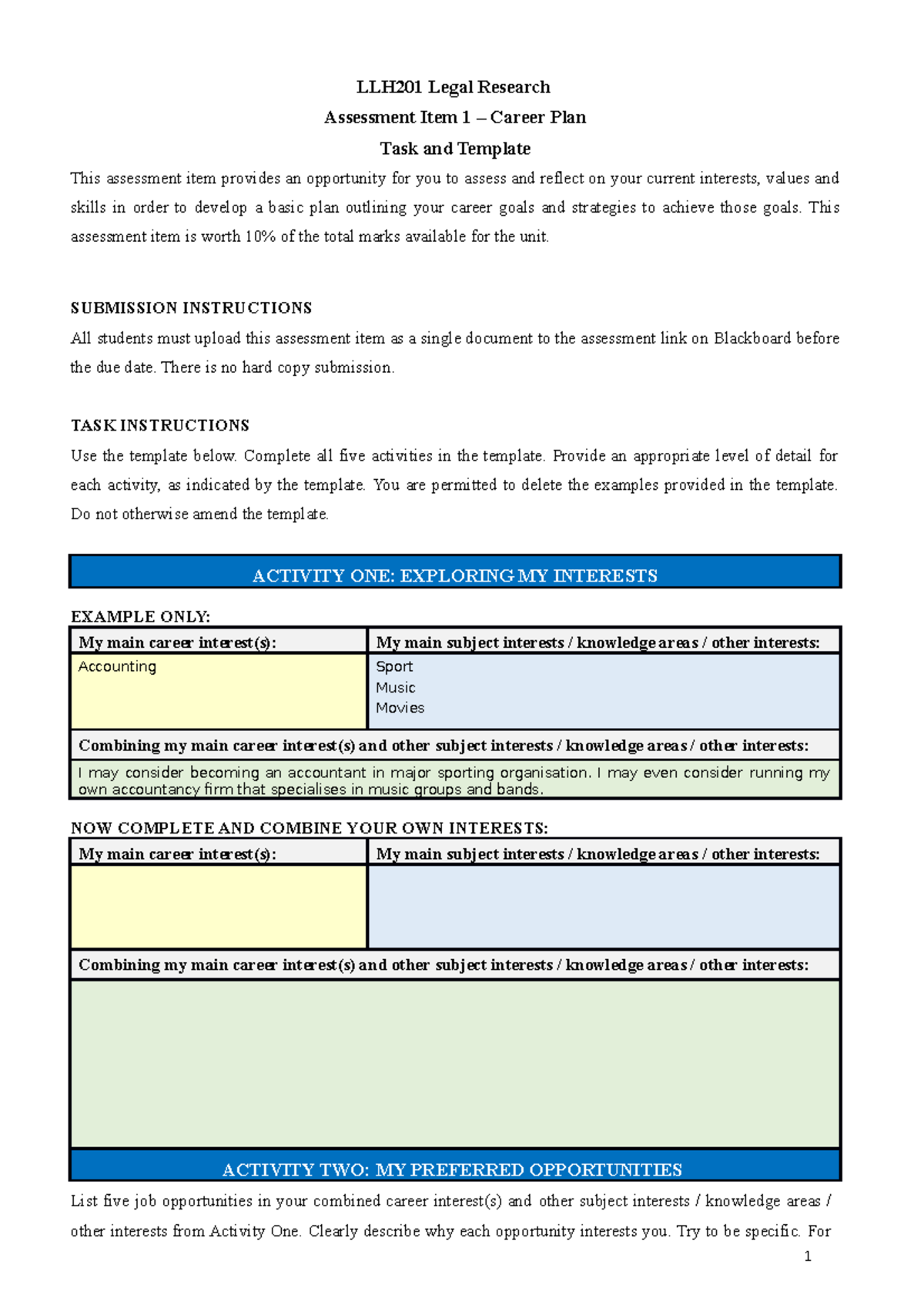Assessment Item 1 - Career Plan - Task and Template - LLH201 Legal ...