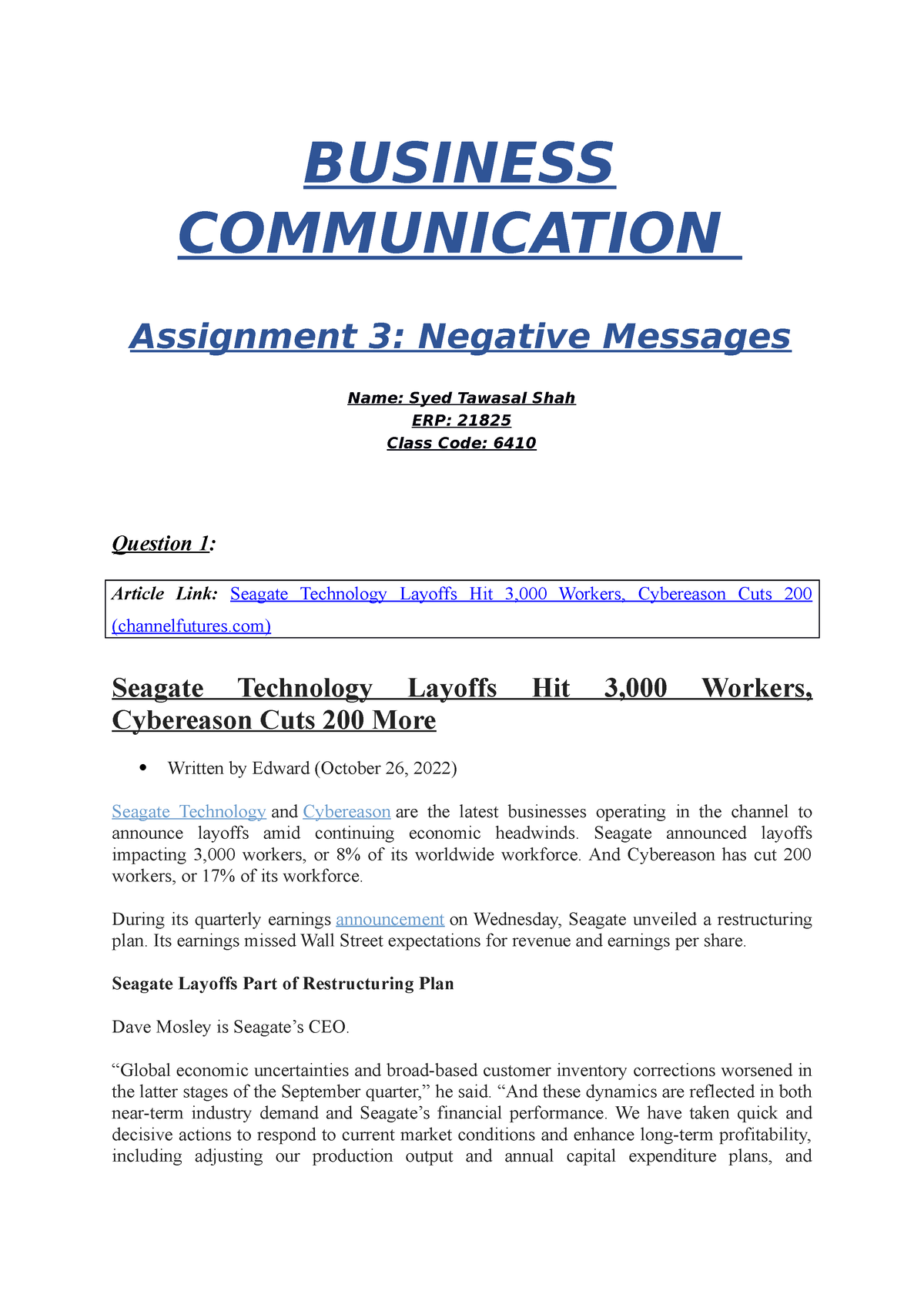 business communication assignment 3