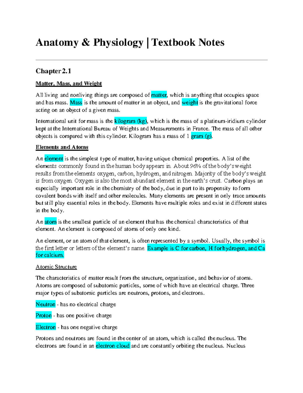 BIOL-2401 Textbook Notes (Ch 2.1 And 2.2A) - Anatomy & Physiology ...