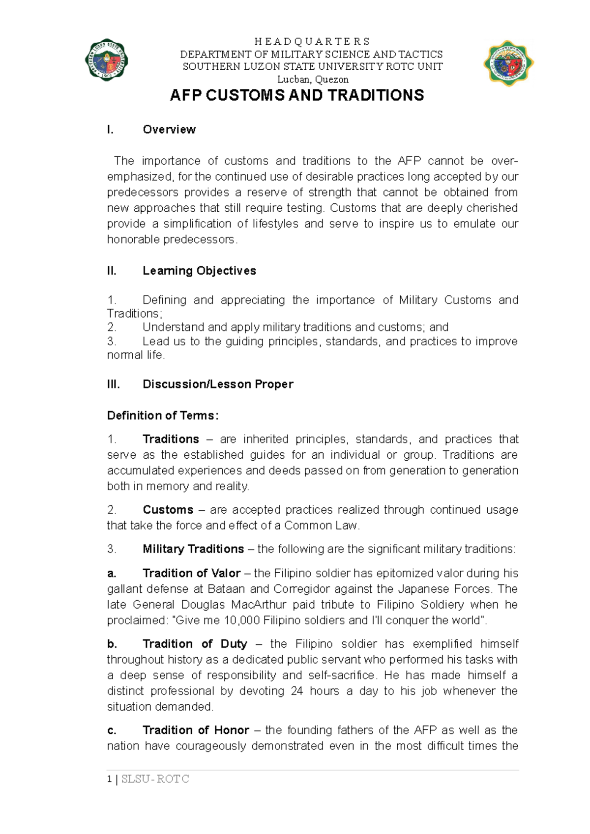 AFP- Customs-AND- Traditions-1ST-SEM-2022-2023 - DEPARTMENT OF MILITARY ...