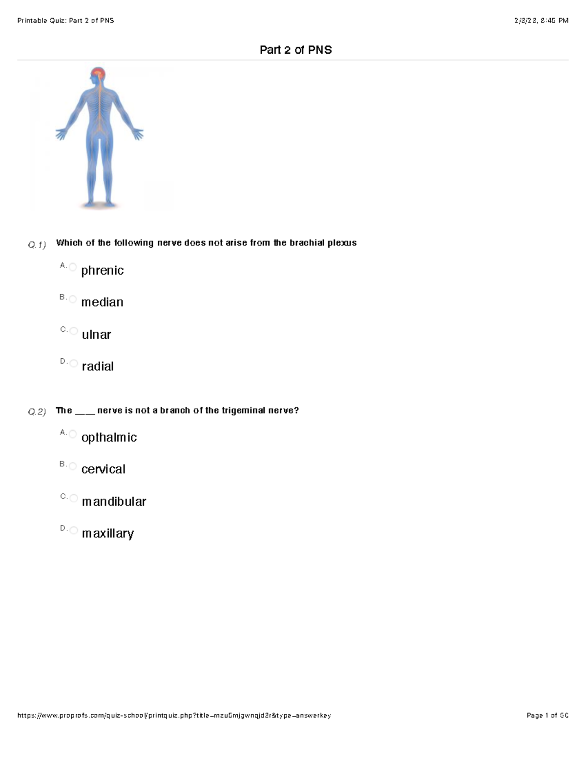 1printable Quiz: Part 2 Of Pns - Q) Which Of The Following Nerve Does 