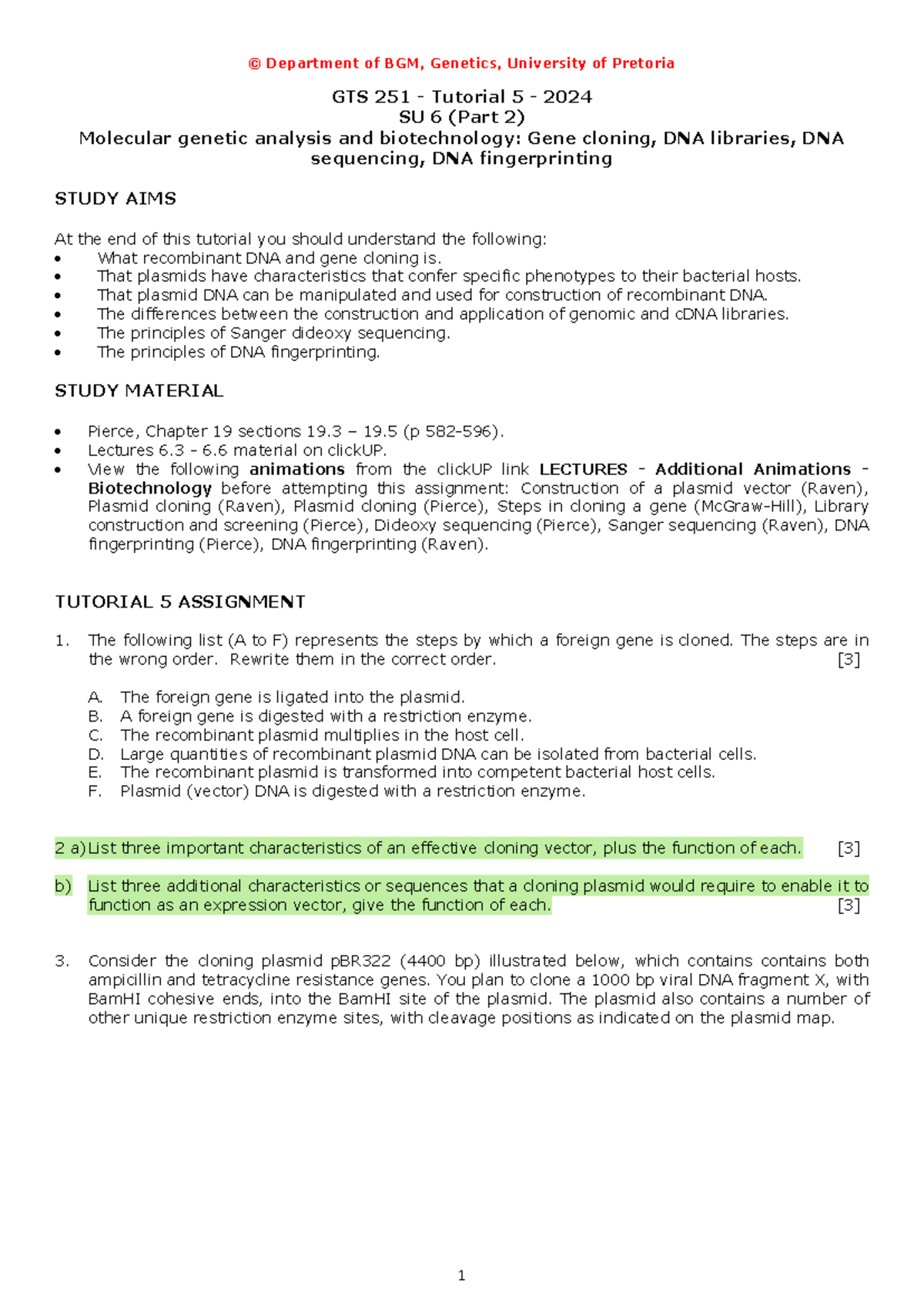 Tutorial 5 Assignment SU 6 2024 - © Department of BGM, Genetics ...