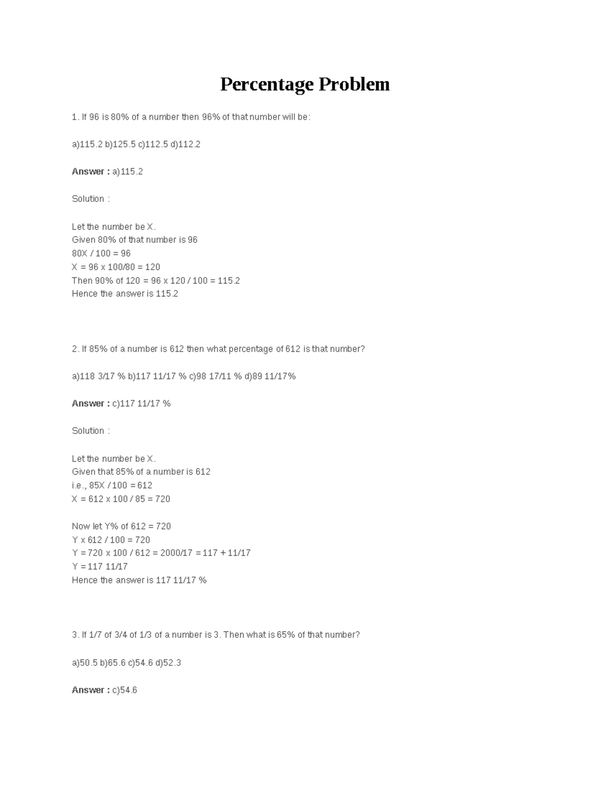 Problem - Percentage Problem If 96 is 80% of a number then 96% of that ...