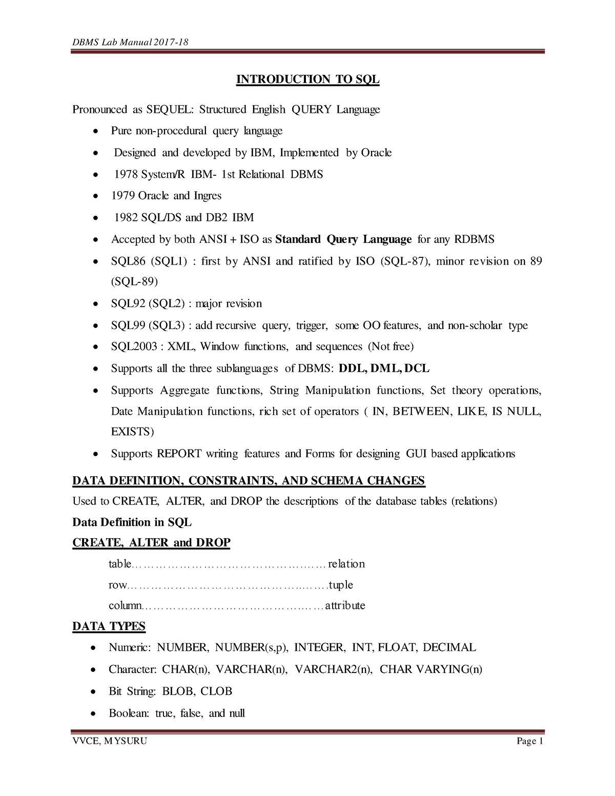 DBMS LAB Manual INTRODUCTION TO SQL Pronounced as SEQUEL Structured