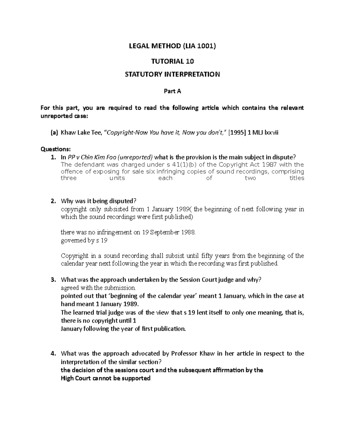 Tutorial 10 Statutory Interpretation Legal Method Lia 1001 Tutorial Tutorial 10 Statutory Interpretation Legal Method Lia 1001 Tutorial
