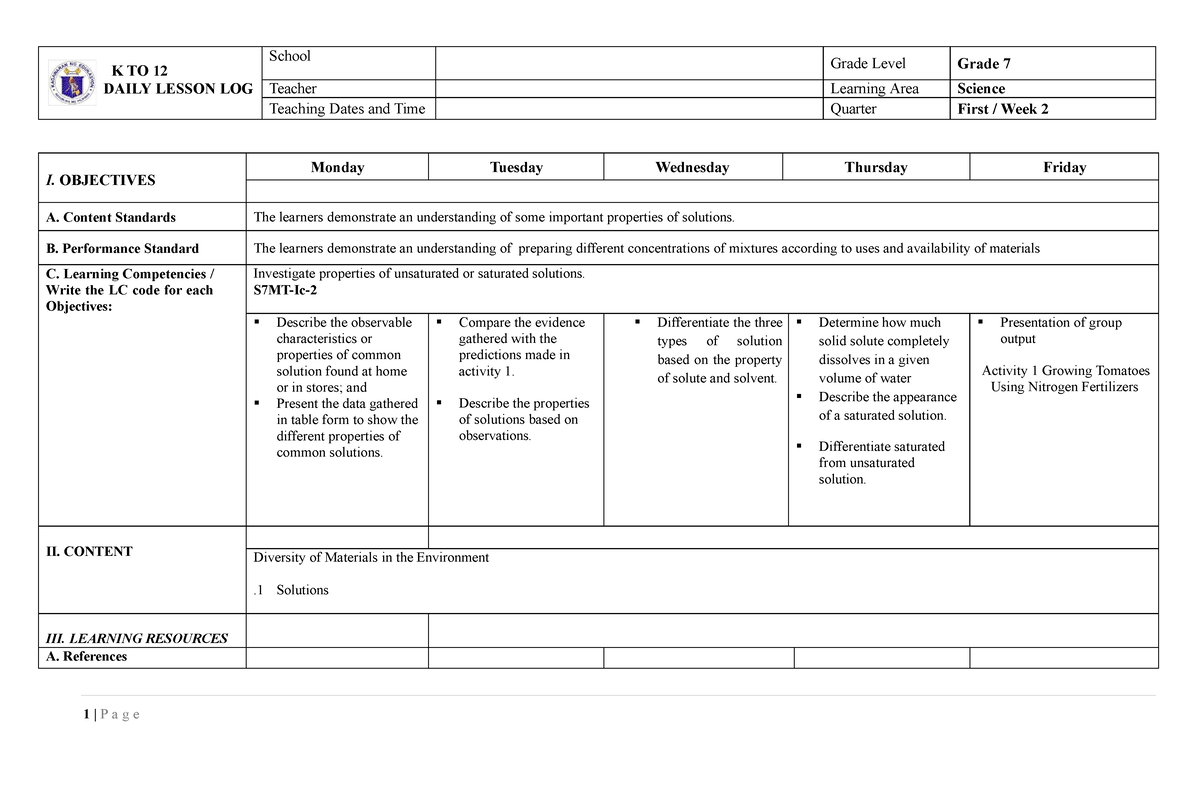 Dll Science 7 Q1 Week 2docx - K TO 12 DAILY LESSON LOG School Grade ...