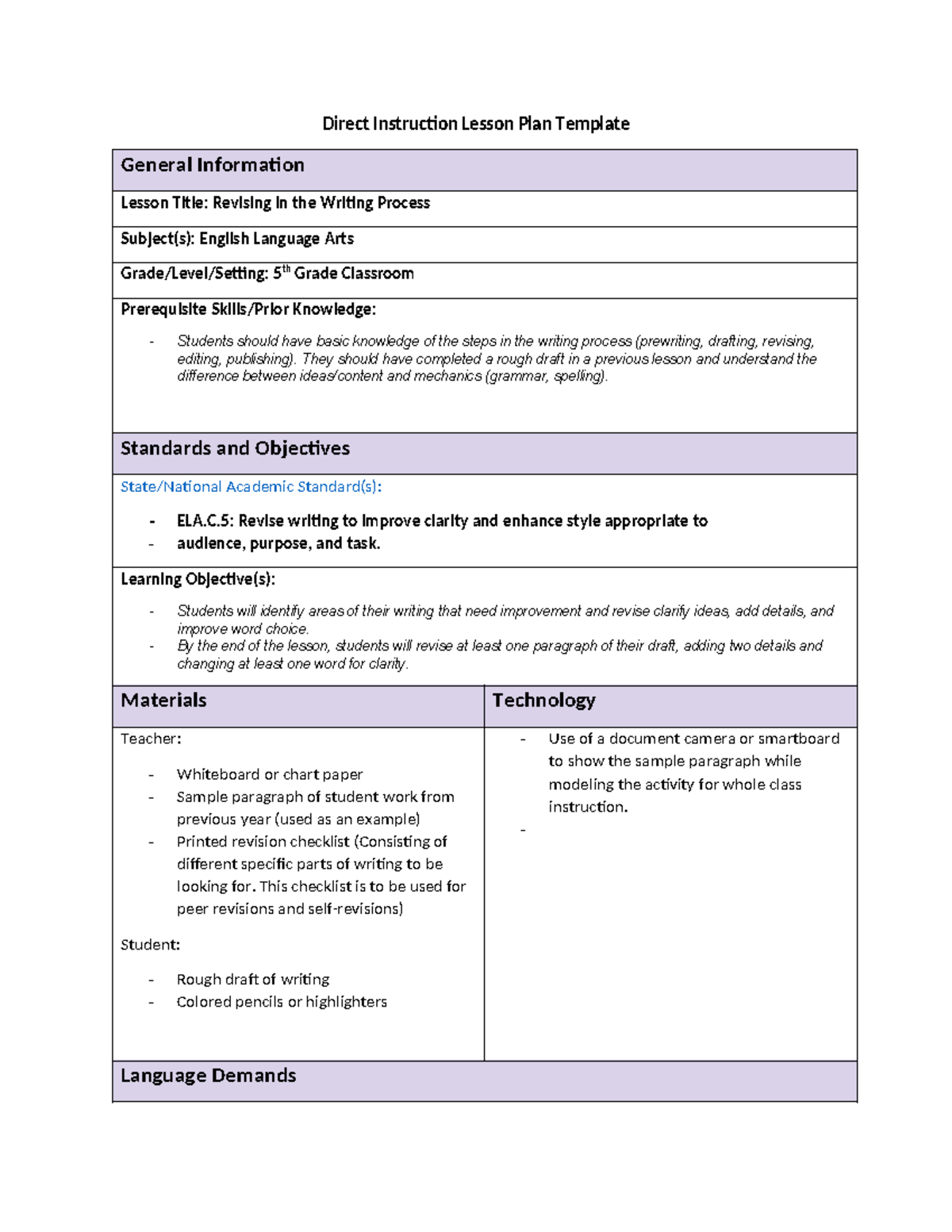 C365 Task 1 Lesson Plan - Direct Instruction Lesson Plan Template ...