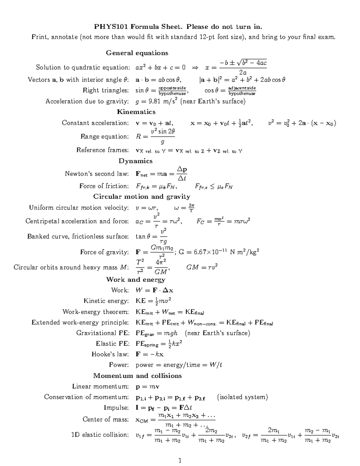 Phys101 formula sheet - PHYS101 Formula Sheet. Please do not turn in ...