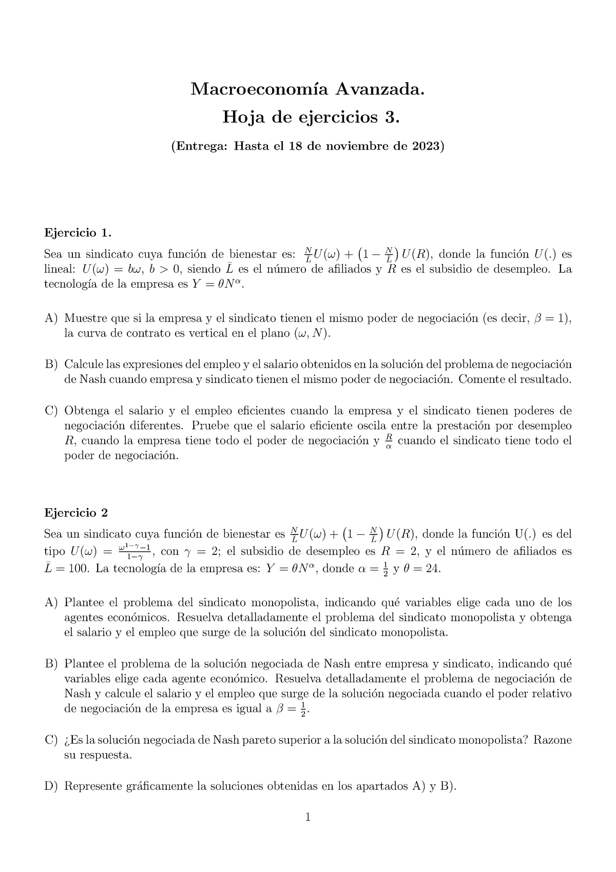 HOJA 3 23 24 - Práctica - Macroeconom ́ıa Avanzada. Hoja De Ejercicios ...