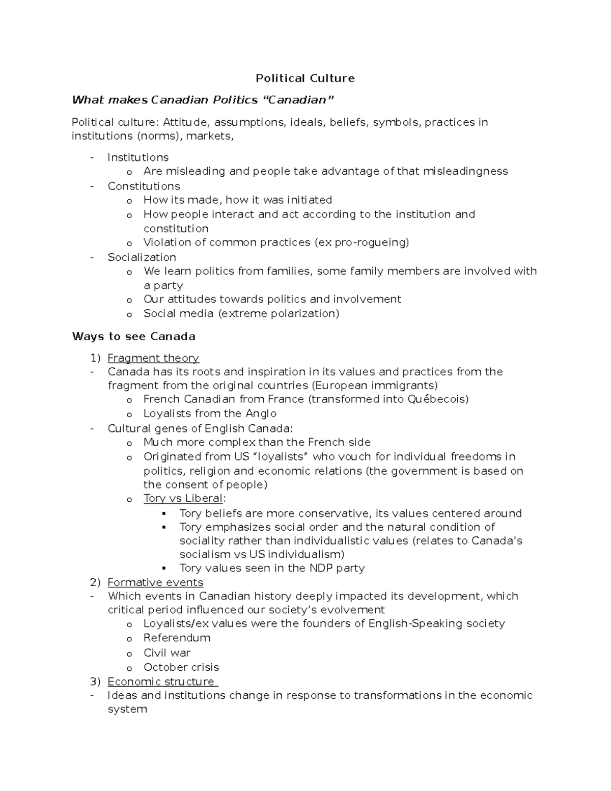 Week 1 - note on readings - Political Culture What makes Canadian ...