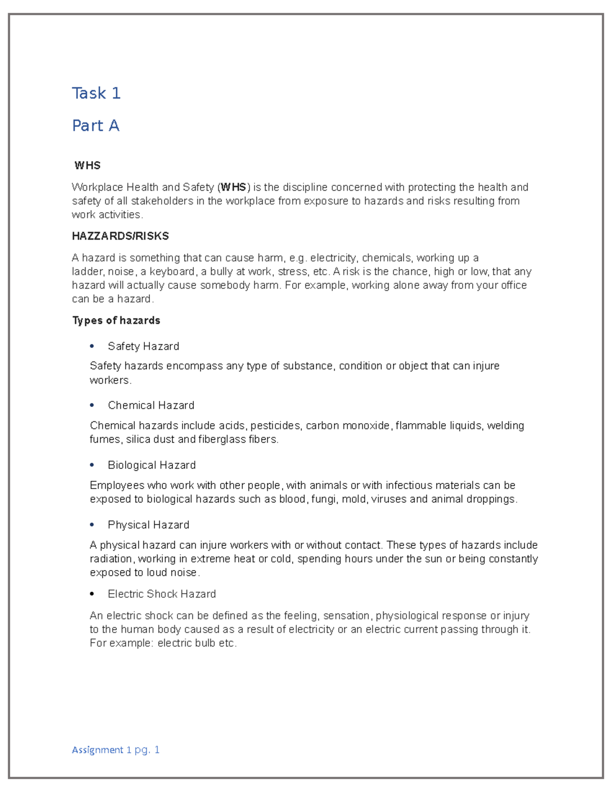 Assigntment 1 - assignment - Task 1 Part A WHS Workplace Health and ...