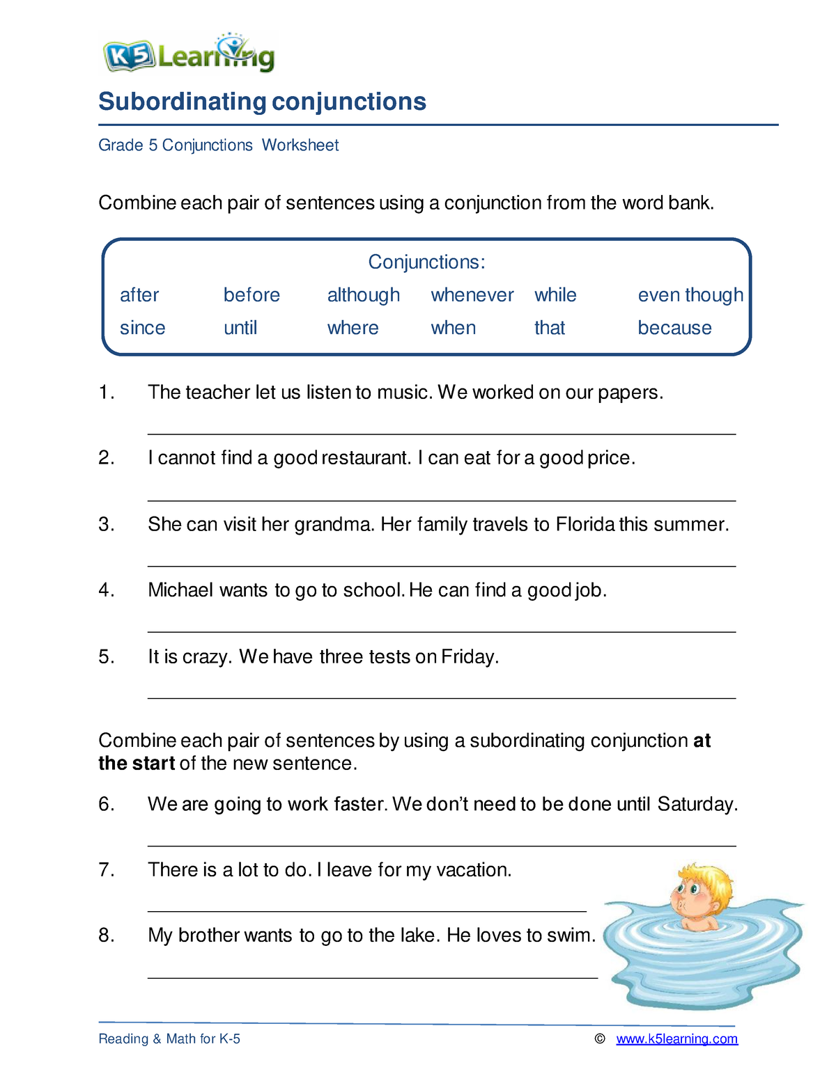 Grade 5 Subordinating Conjunctions A Subordinating Conjunctions Grade 5 Conjunctions Worksheet 6882