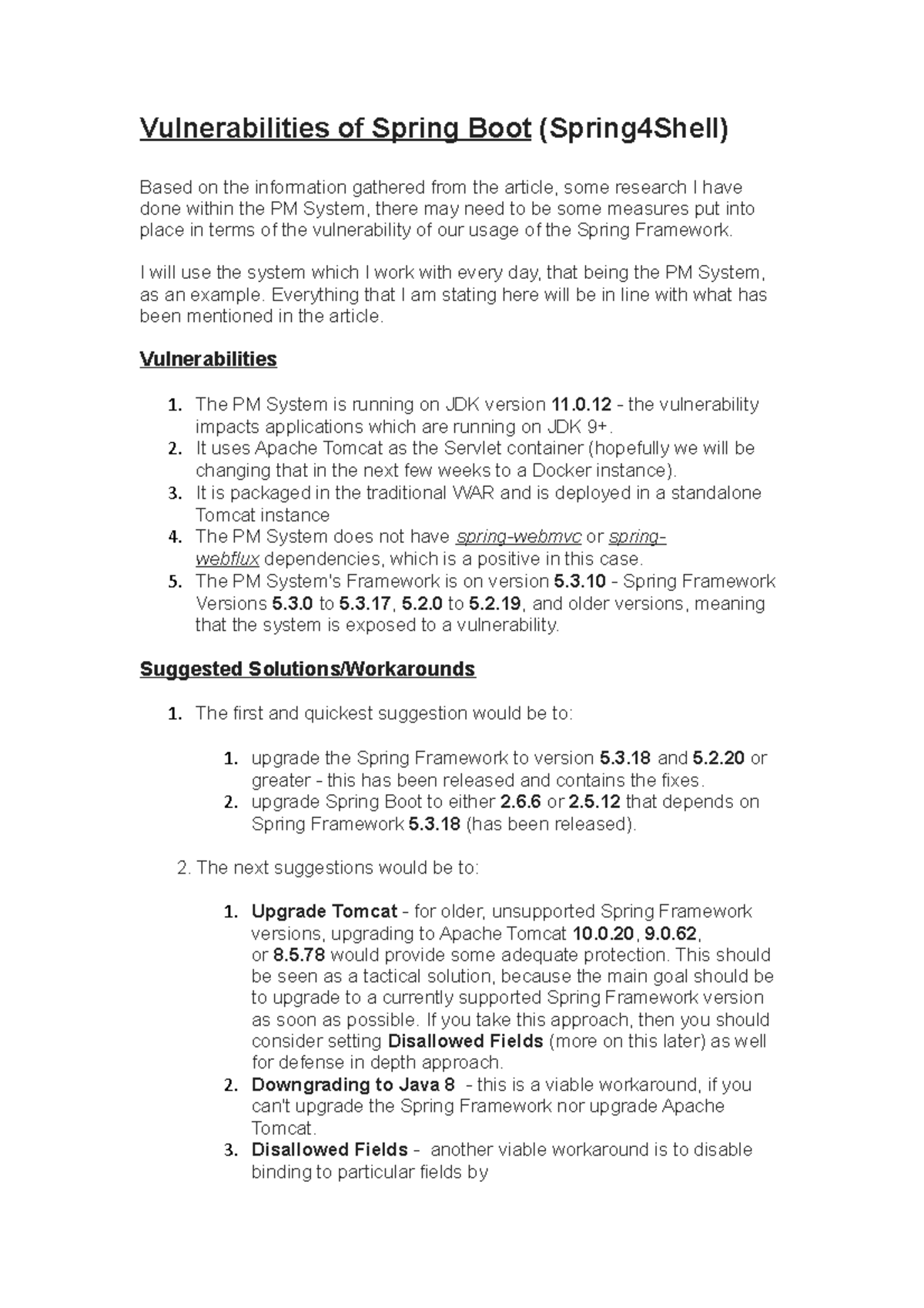 Vulnerabilities of Spring Boot Shakeel's findings (05 April 2022