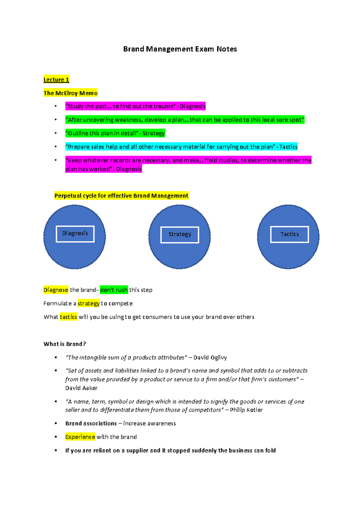 Brand Management Exam Notes - Brand Management Exam Notes Lecture 1 The ...