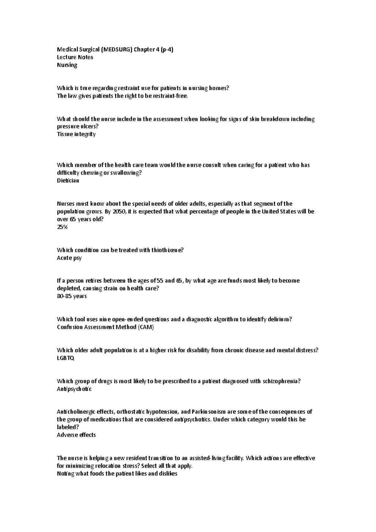 Medical Surgical chapter 4 p-4 - Medical Surgical (MEDSURG) Chapter 4 ...