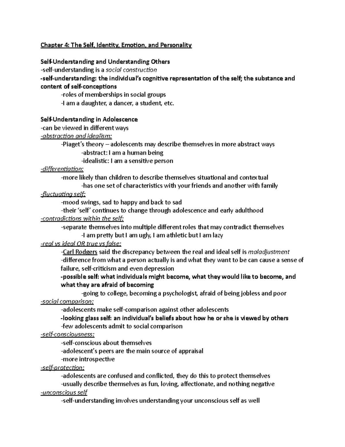 Chapter 4 Book Notes - Chapter 4: The Self, Identity, Emotion, and ...