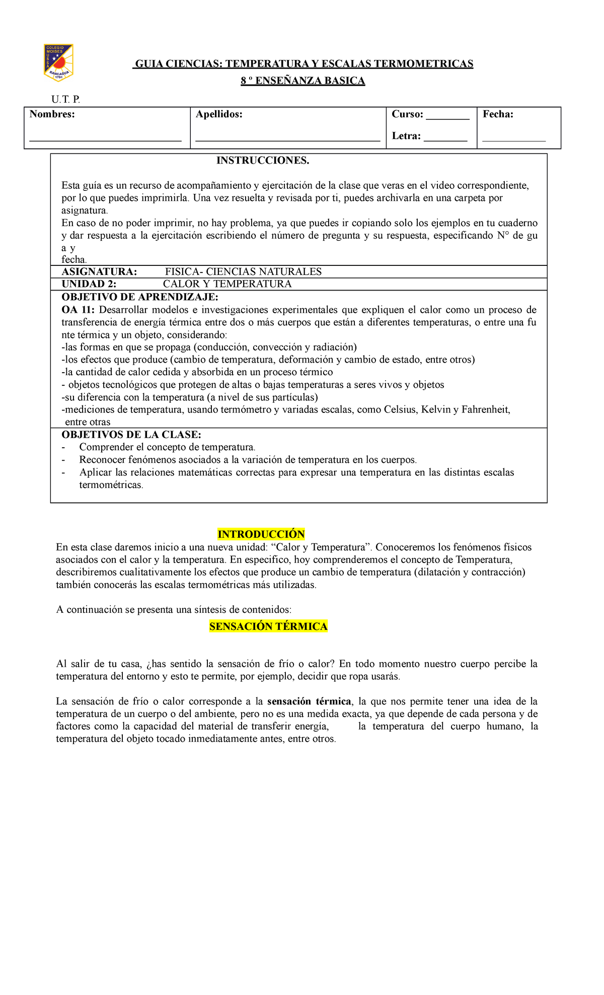 GUIA DE 8VO Temperatura - GUIA CIENCIAS: TEMPERATURA Y ESCALAS  TERMOMETRICAS 8 º ENSEÑANZA BASICA - Studocu