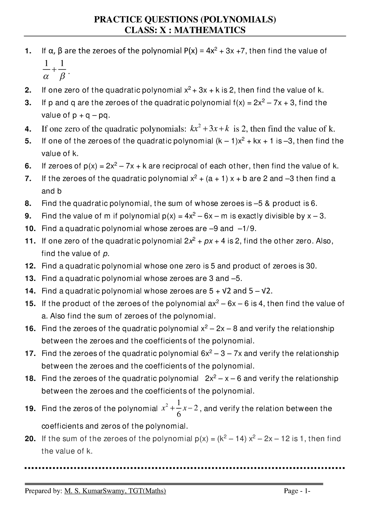 Practice Questions For Polynomials Class X CBSE Math Standard ...