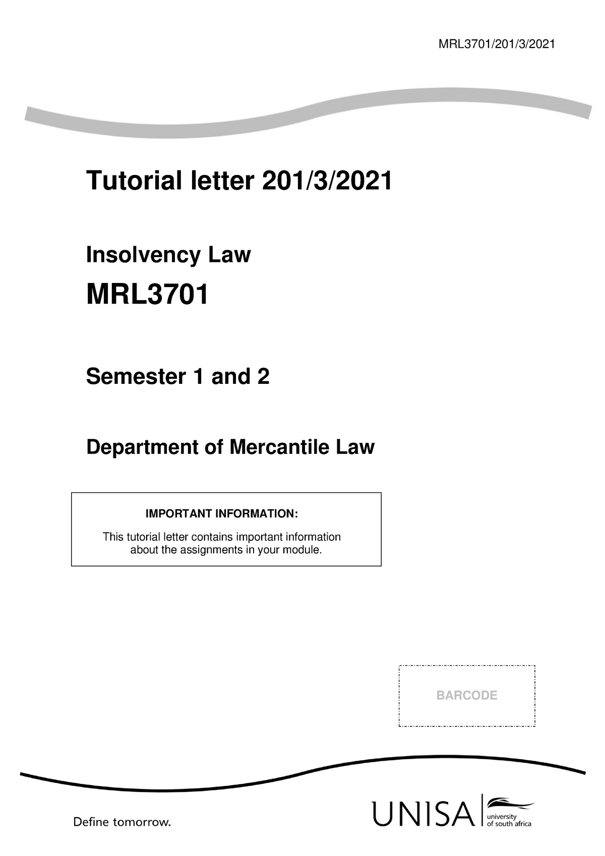 Mrl3701 2021 Tl 201 Insolvency Law Tutorial Letter 20132021 Workload Tutorial Letter 2013 