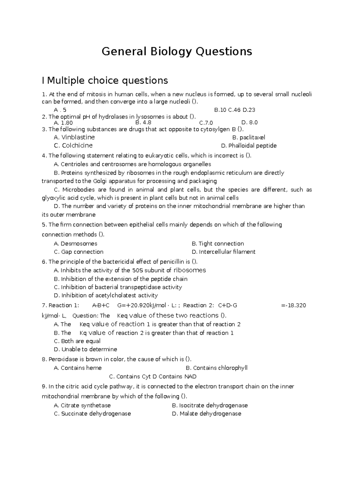 General Biology Questions BIOL160 General Biology Questions I