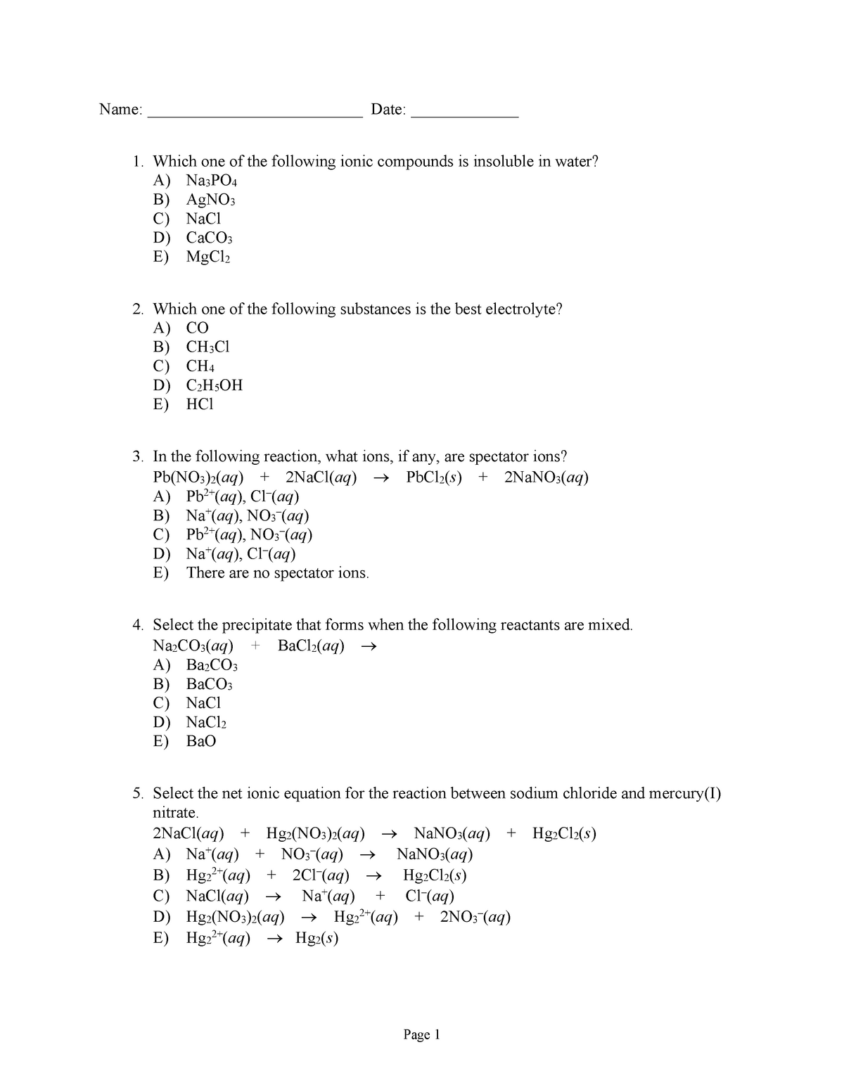 CHM 261, QUIZ 7 - Name: __________________________ Date ...