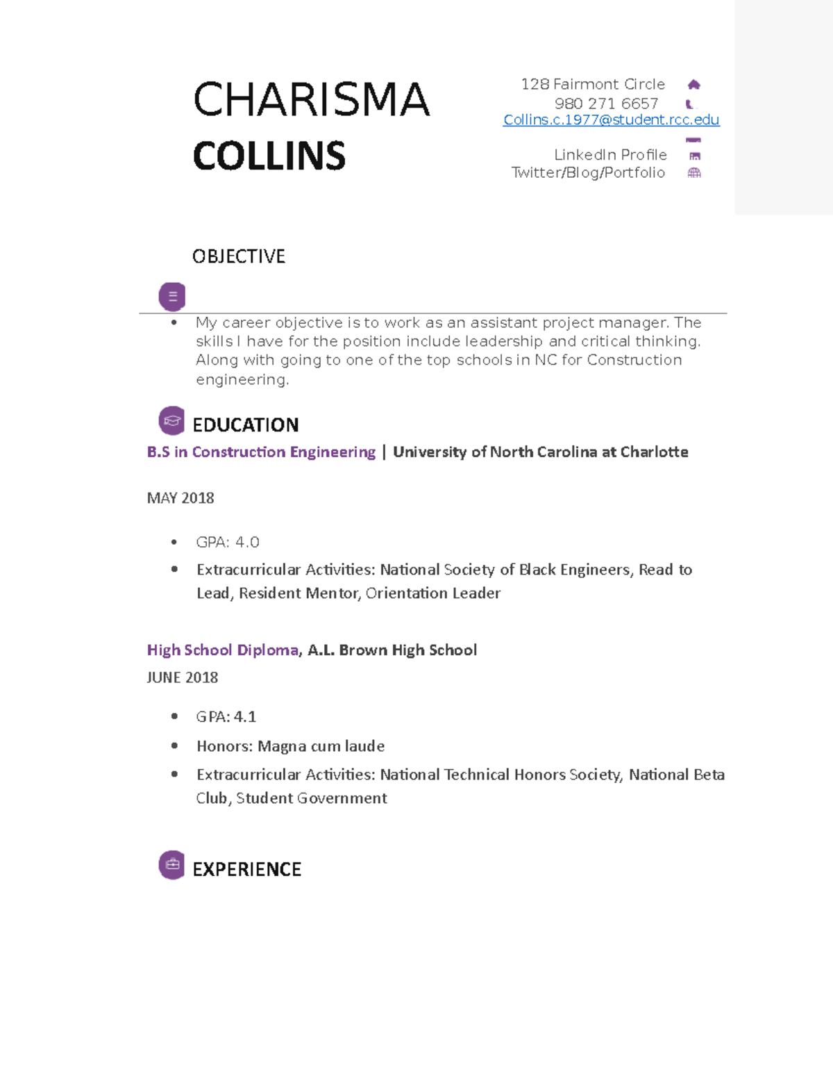 Resume Finial - Notes - CHARISMA COLLINS 128 Fairmont Circle 980 271 ...