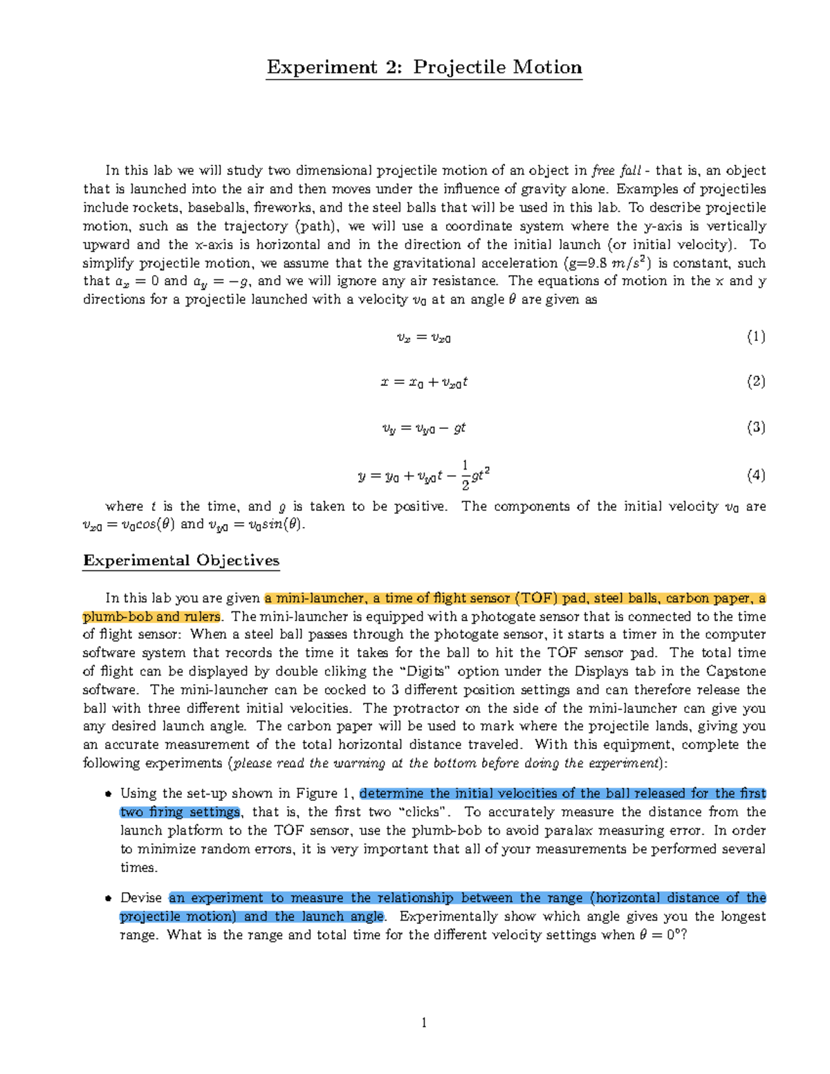 Projectile Lab - Lecture Slides Notes - Experiment 2: Projectile Motion ...