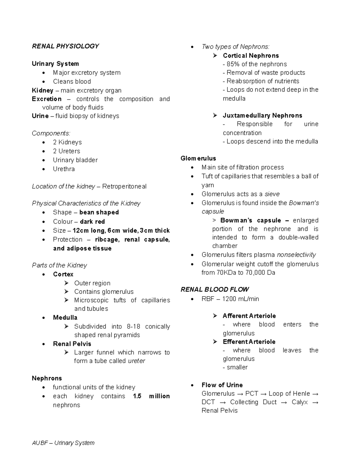 Urinary System - AUBF – Urinary System RENAL PHYSIOLOGY Urinary System ...