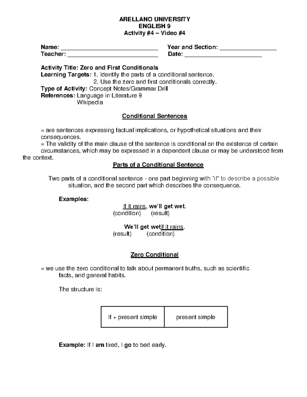 Lesson 4 - Conditionals - ARELLANO UNIVERSITY ENGLISH 9 Activity #4 ...