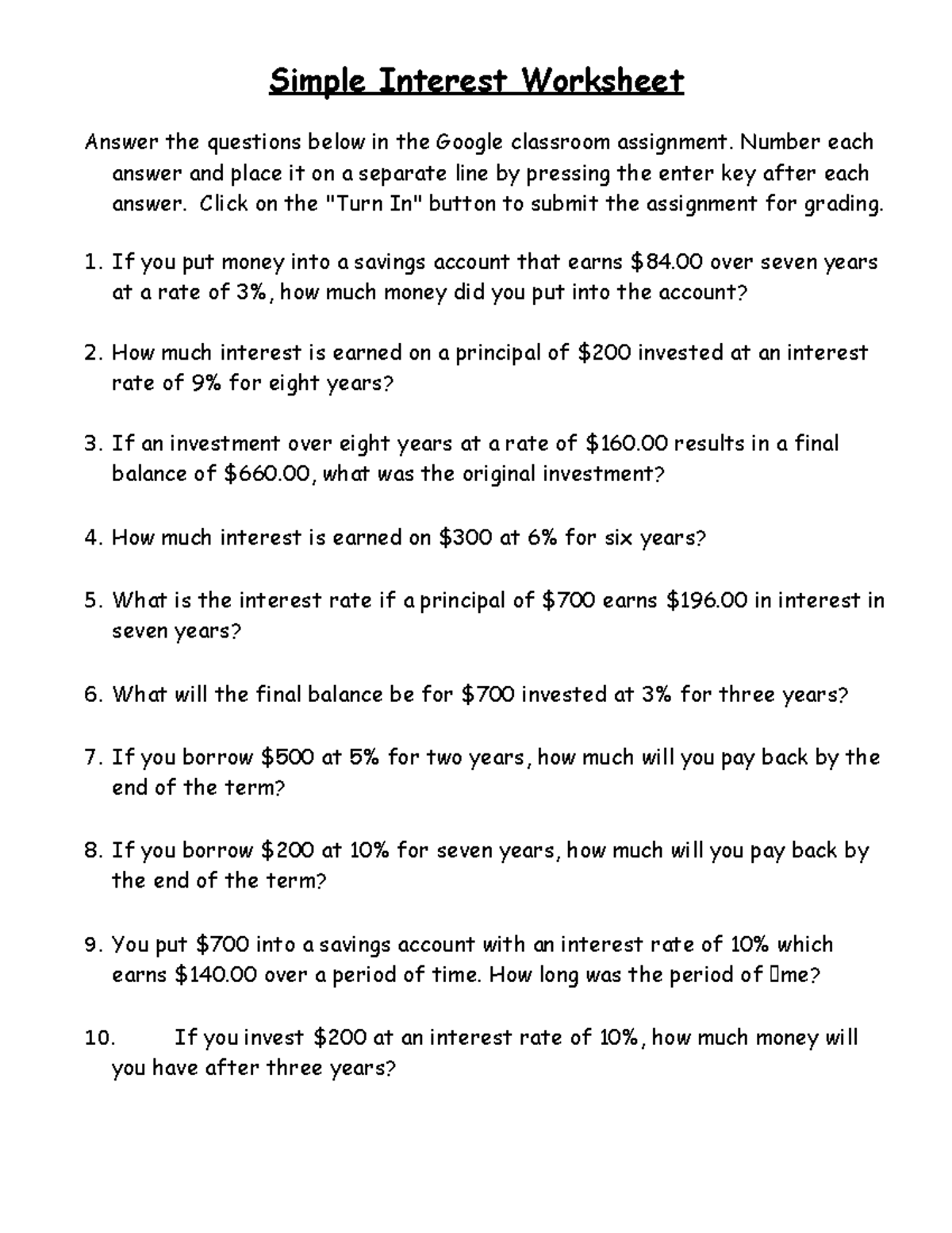 9-9 - Simple Interest Worksheet - Simple Interest Worksheet Answer the ...