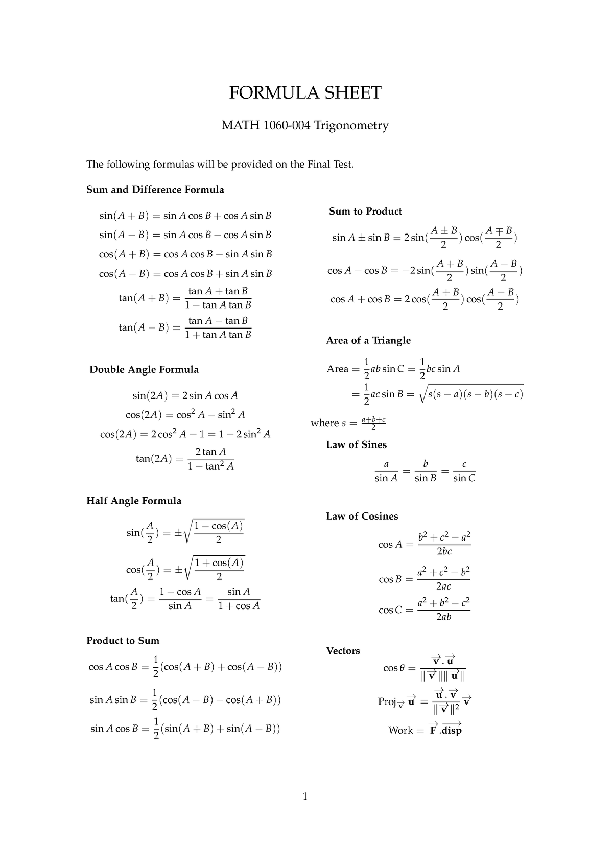 Formula Sheet - RME REVIEWERS - FORMULA SHEET MATH 1060-004 ...