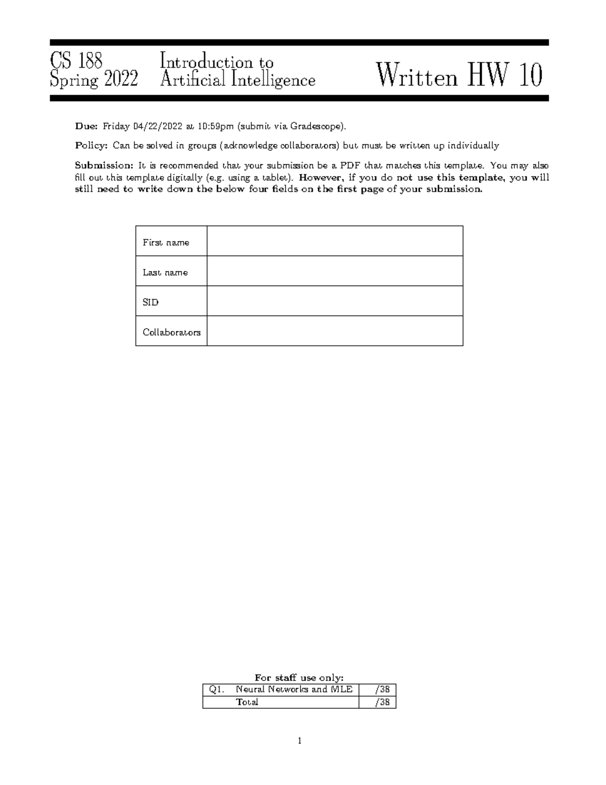 Cs 188 spring 2022 written homework 10 - CS 188 Spring 2022 ...