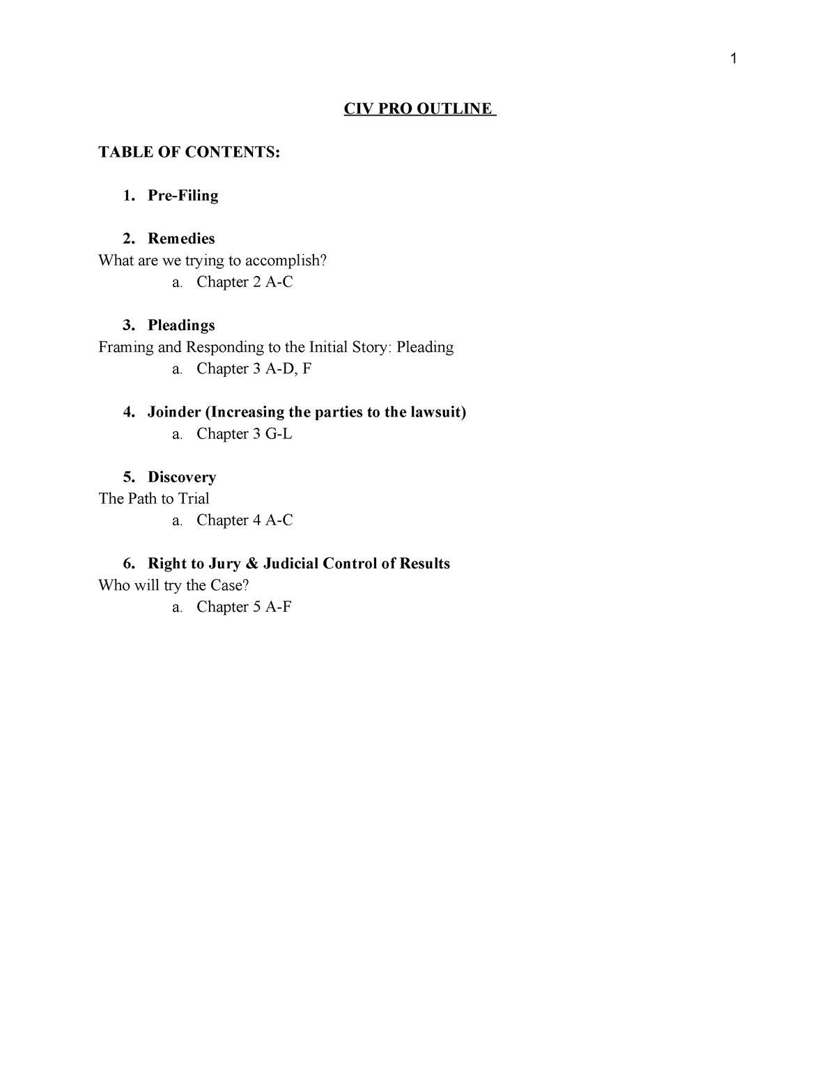 Civ Pro Outline - CIV PRO OUTLINE TABLE OF CONTENTS: Pre-Filing ...