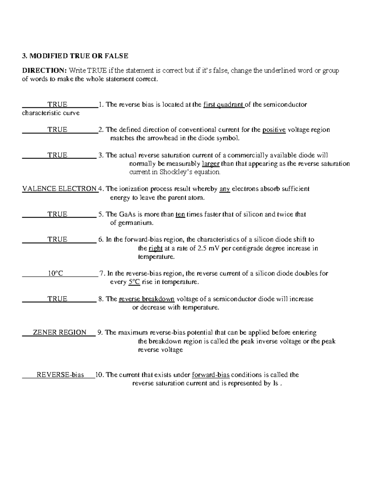 Modified TRUE OR False Activity WITH Answers IN Electronics 3 