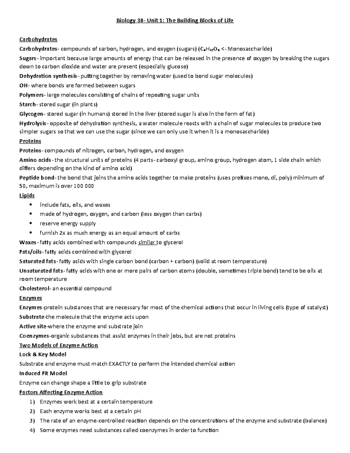 Unit 1 Review The Building Blocks of Life Bio 30 - Biology 30- Unit 1 ...