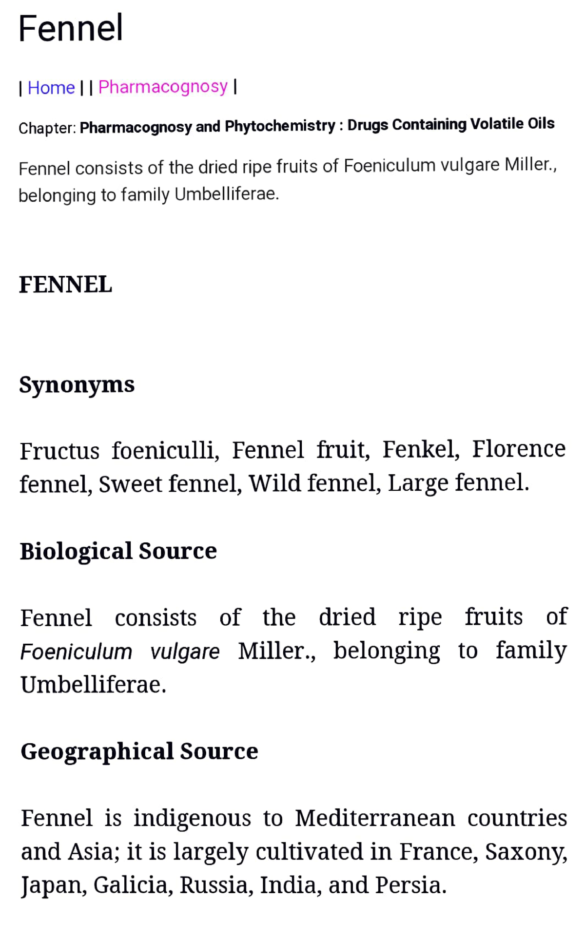 Fennel synonomy Fennel Home Pharmacognosy Chapter Pharmacognosy