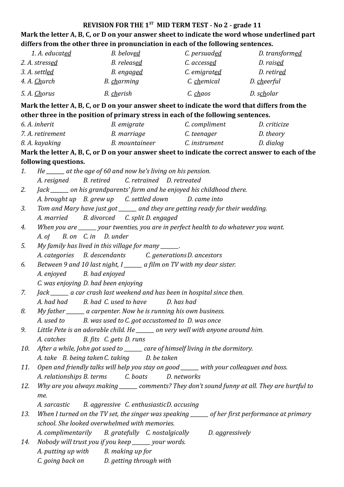 Revision FOR THE 1ST MID TERM TEST No2 HT - REVISION FOR THE 1ST MID ...