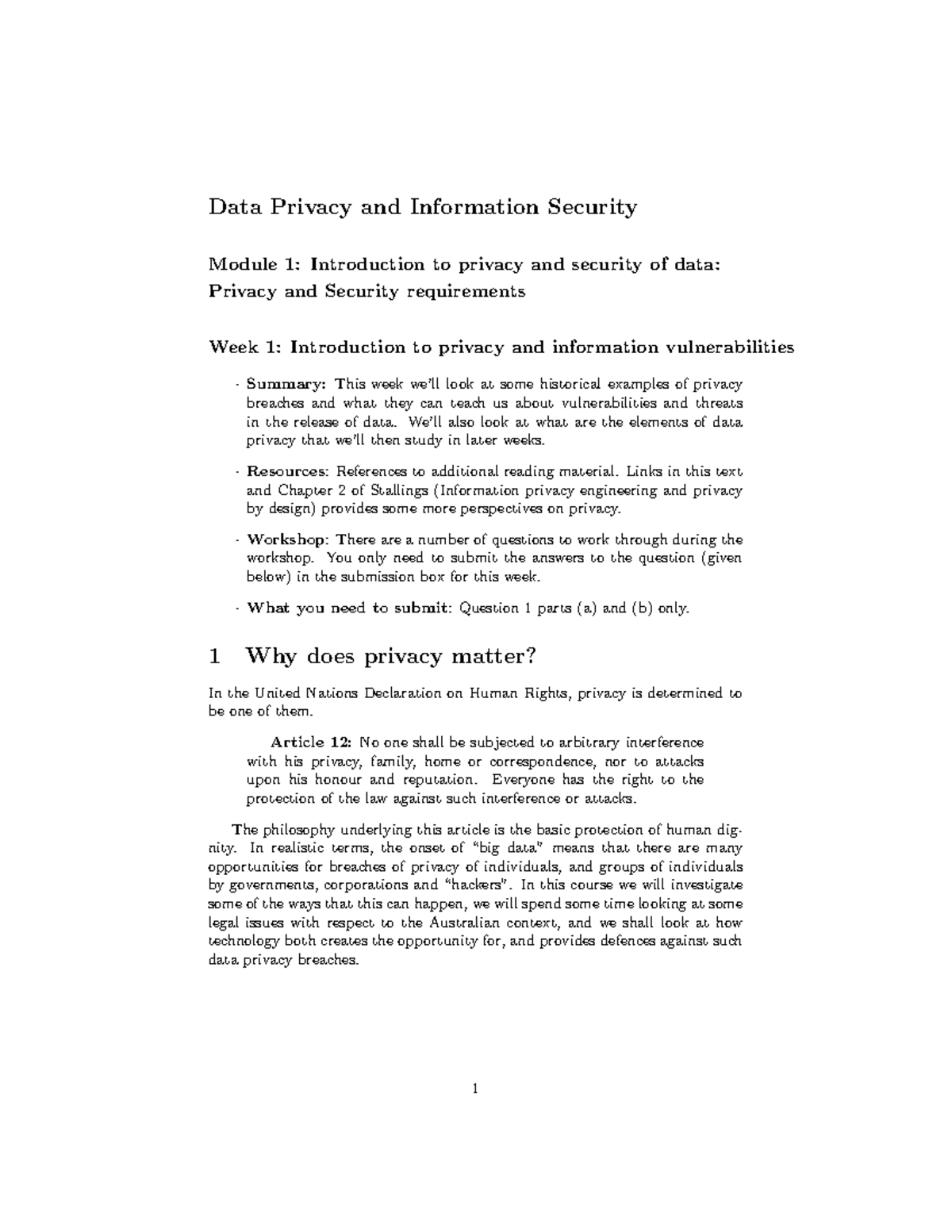 COMP3300W1Notes - Lecture notes - Data Privacy and Information Security ...