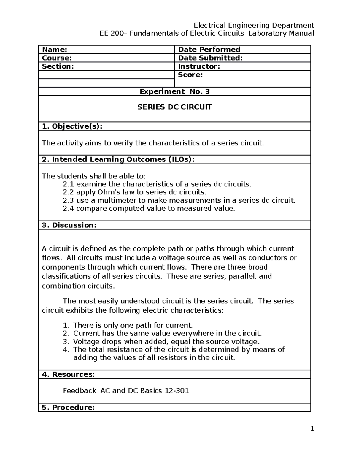 Experiment-No - N/A - EE 200– Fundamentals Of Electric Circuits ...