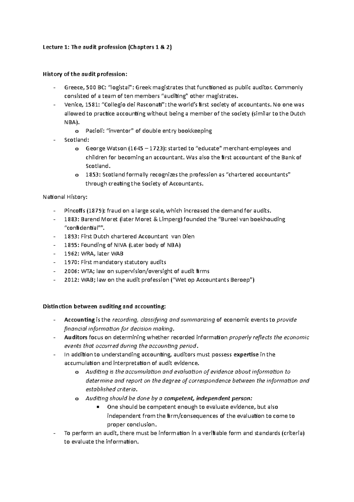 Summary - notes Advanced Auditing 2017 - Lecture 1: The audit ...