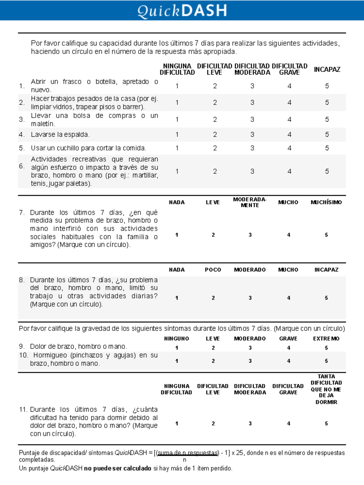 Quick DASH - Por favor califique su capacidad durante los últimos 7 ...