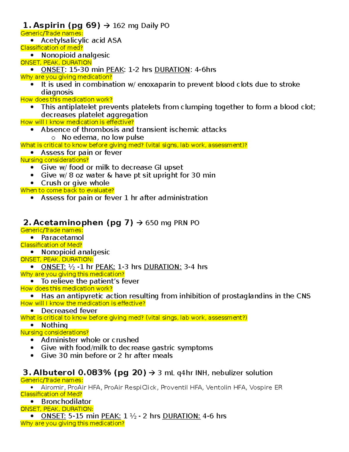 Med Pass - meds - 1 (pg 69) 162 mg Daily PO Generic/Trade names ...