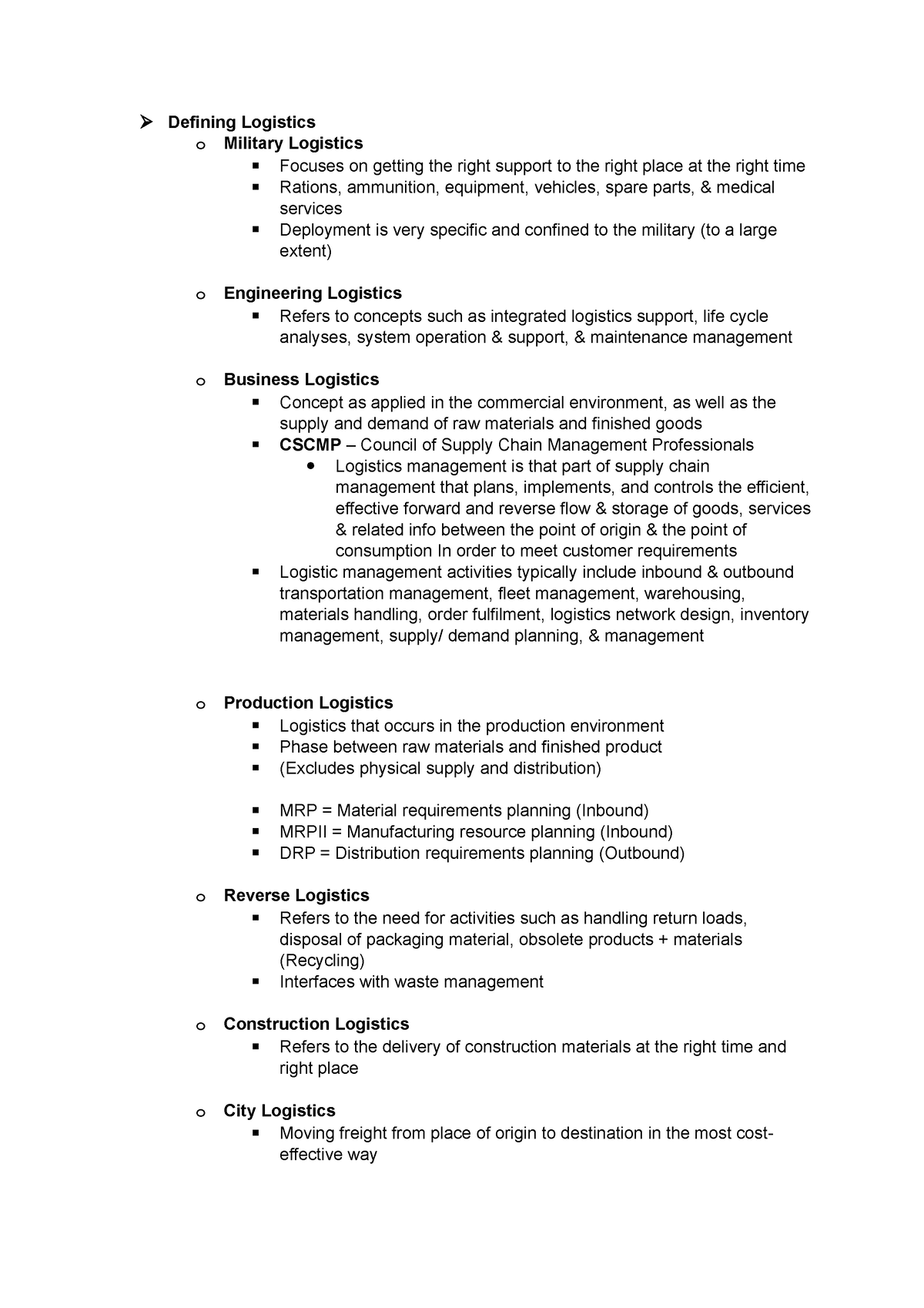 OBS 210 Notes Chapter 1 - OBS - Defining Logistics O Military Logistics ...