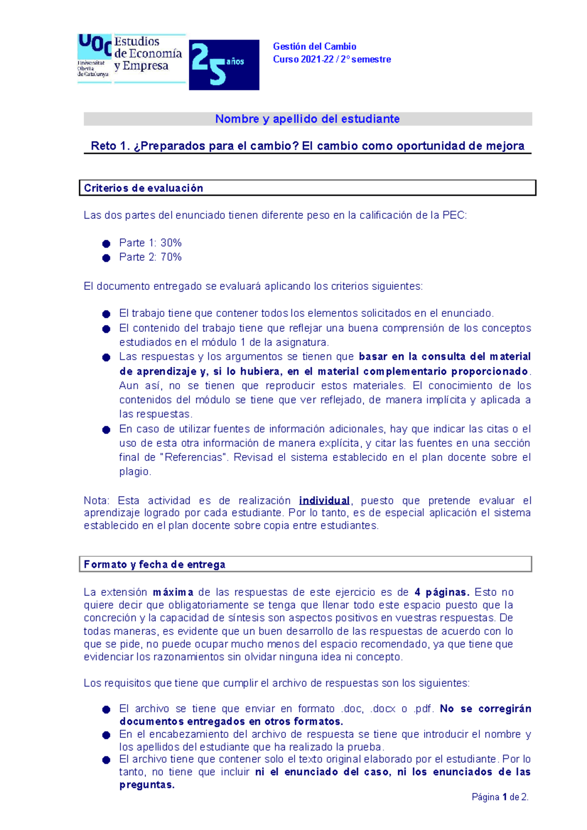 71546 20202 PEC1 Solución NOTA A - Gestión del cambio - UOC - Studocu