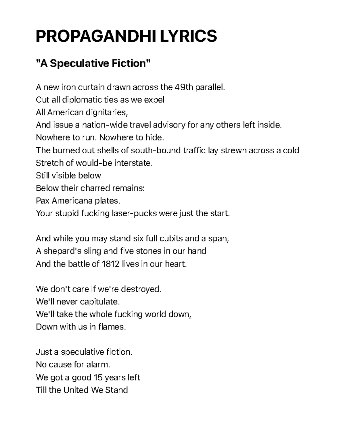 Propagandhi Lyrics A Speculative Fiction PROPAGANDHI LYRICS "A
